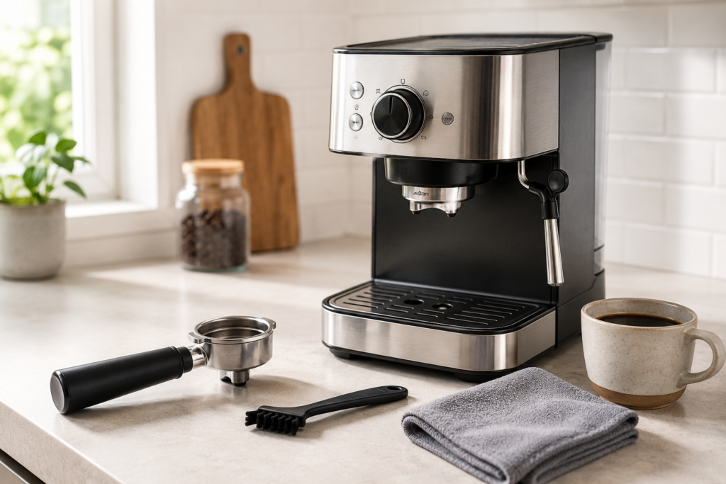 Cafetera espresso semiautomática con portafiltro y accesorios de limpieza