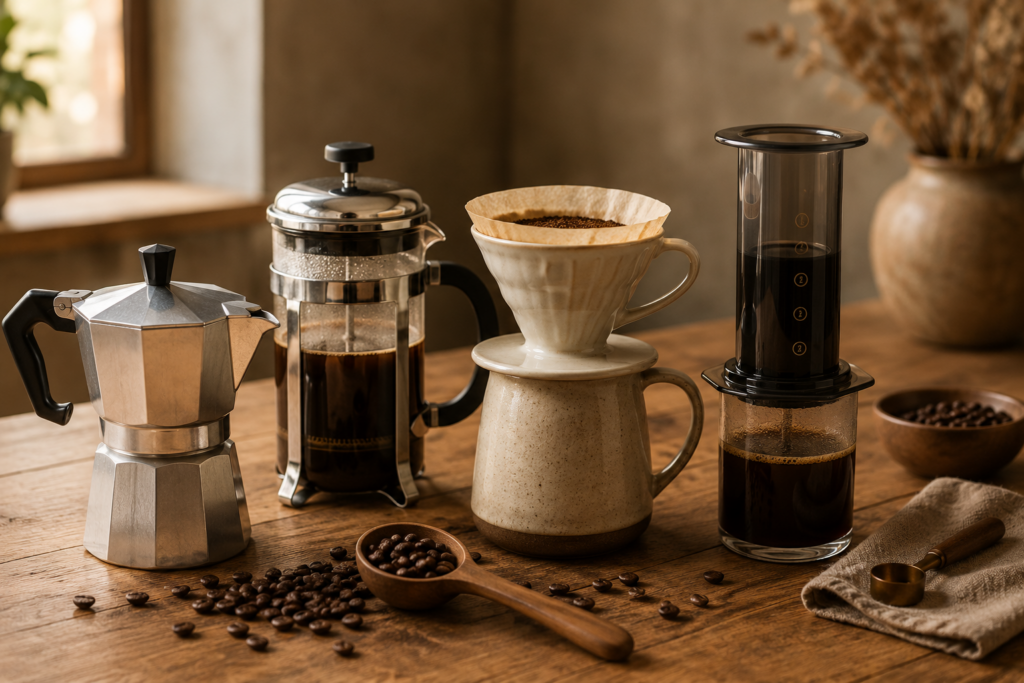 Cafeteras manuales con granos de café listas para limpiar