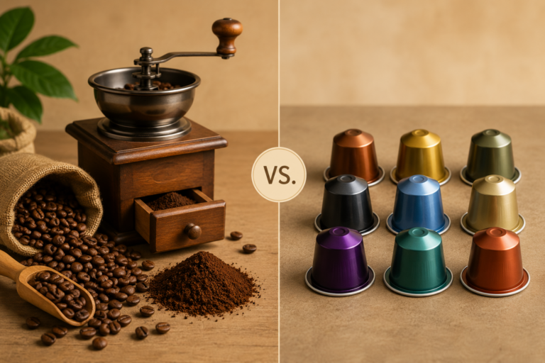 Comparativa visual entre café en grano y cápsulas