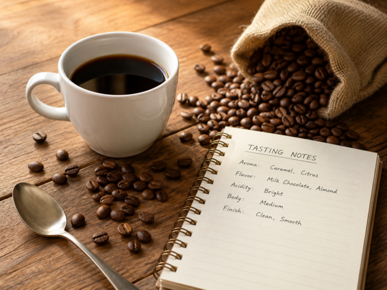 Granos de café y taza para aprender conceptos básicos del café