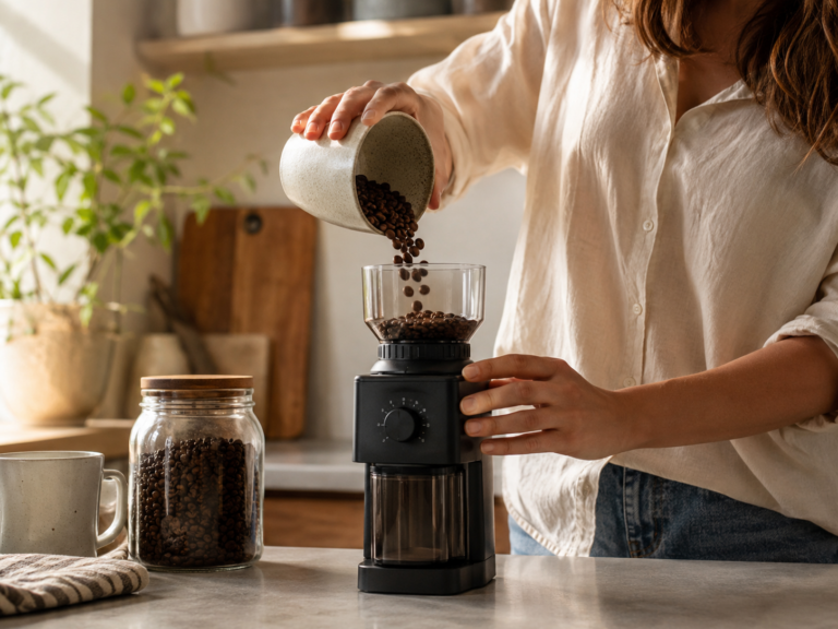 Café en grano siendo molido en casa para preparar una taza fresca
