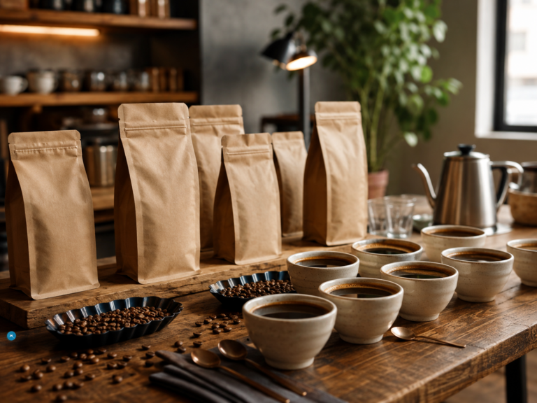 Selección de café en grano de tostadores de España con tazas de cata