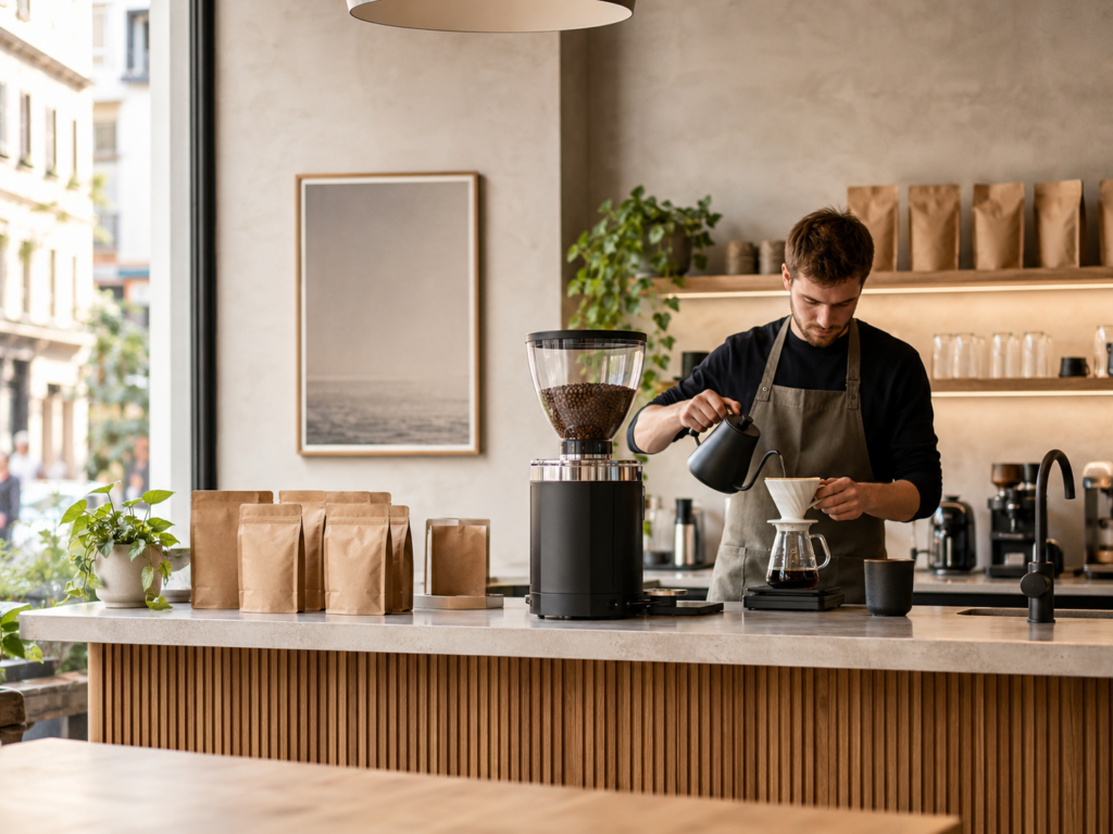 Tostadores europeos de café de especialidad representados con bolsas y tazas