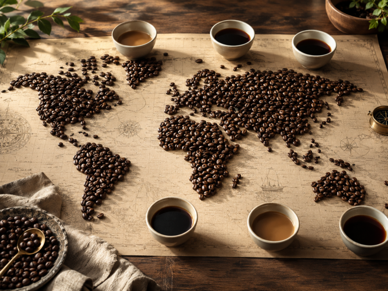 Cafés del mundo representados con granos, mapa y tazas de cata