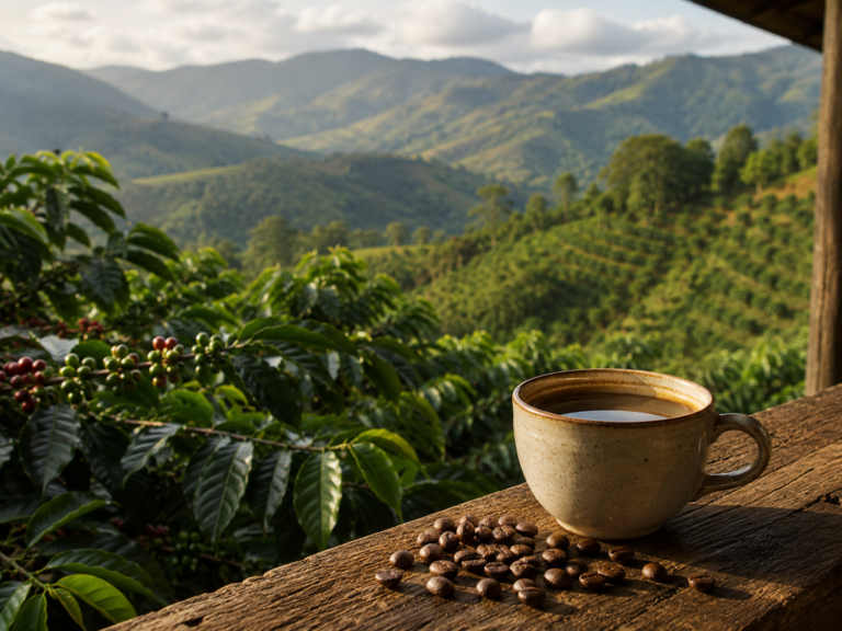 Cafetales en altura y taza de café representando el cultivo en montaña