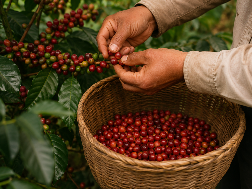 Selección manual de cerezas maduras de café